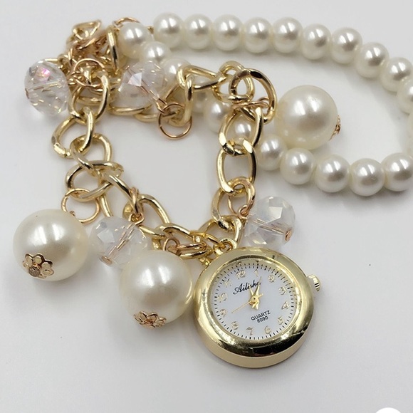 Watch Women’s Bangle Bracelet 2 Strand Pearl Bracelet Band Analog Gold White - Picture 3 of 11
